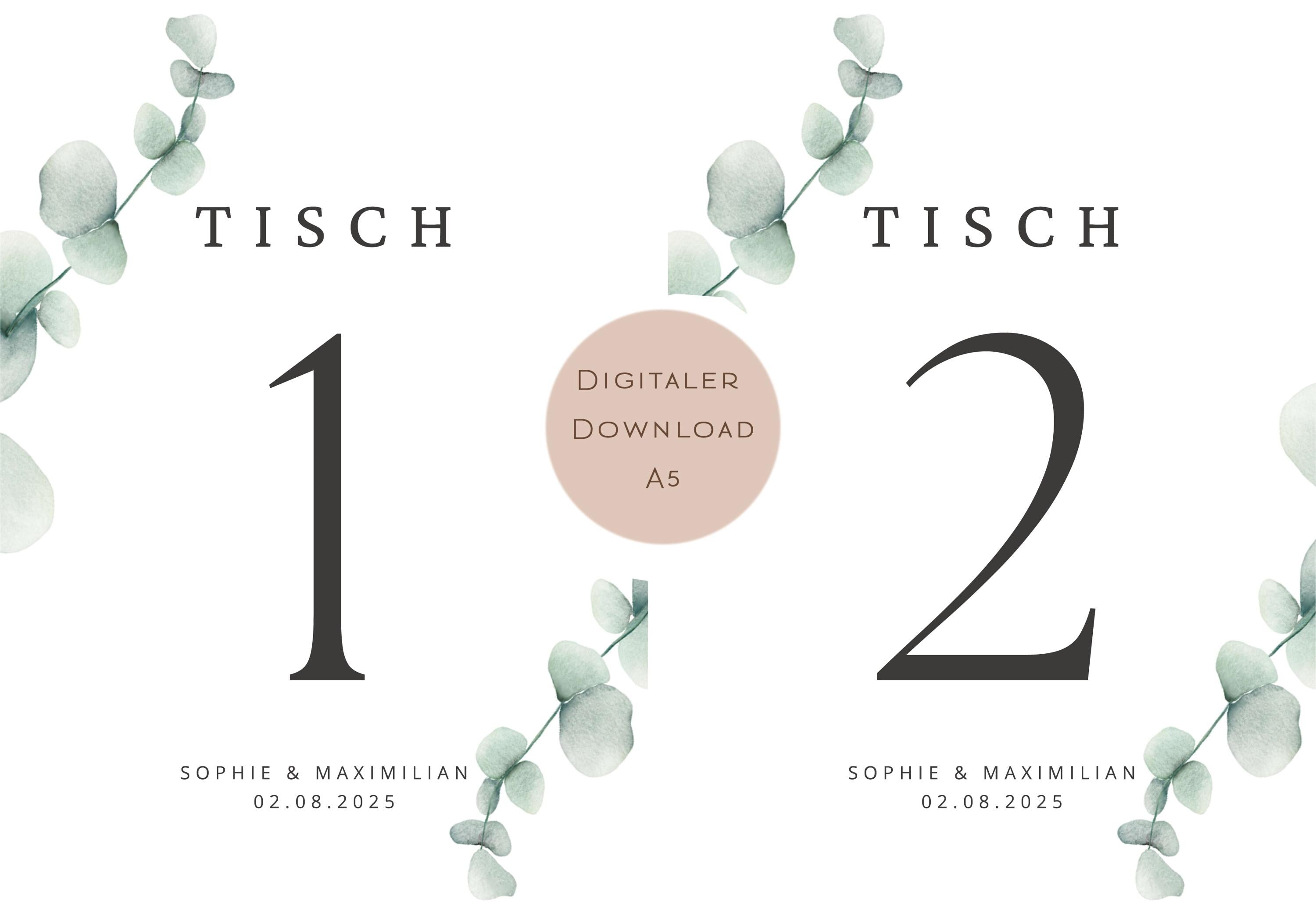 Hochzeit Tischnummern Zahlen A5 PDF l personalisiert mit Namen & Datum Sitzplan l zum Ausdrucken l digitale Tischkarten Hochzeit Eukalyptus
