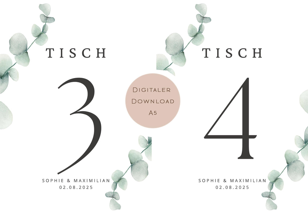 Hochzeit Tischnummern Zahlen A5 PDF l personalisiert mit Namen & Datum Sitzplan l zum Ausdrucken l digitale Tischkarten Hochzeit Eukalyptus