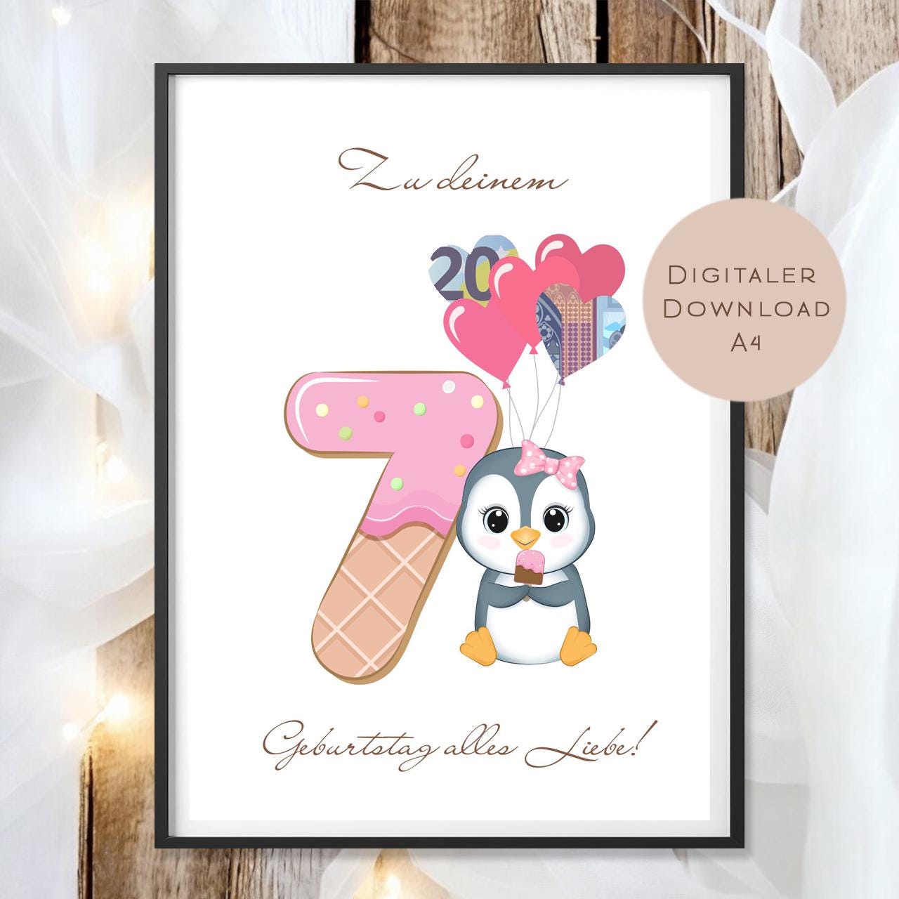 Digital Geldgeschenk 7 Geburtstag siebter Geburtstag Geld schenken Geschenk Gutschein Geburtstagsgeschenk Wunscherfüller download A4