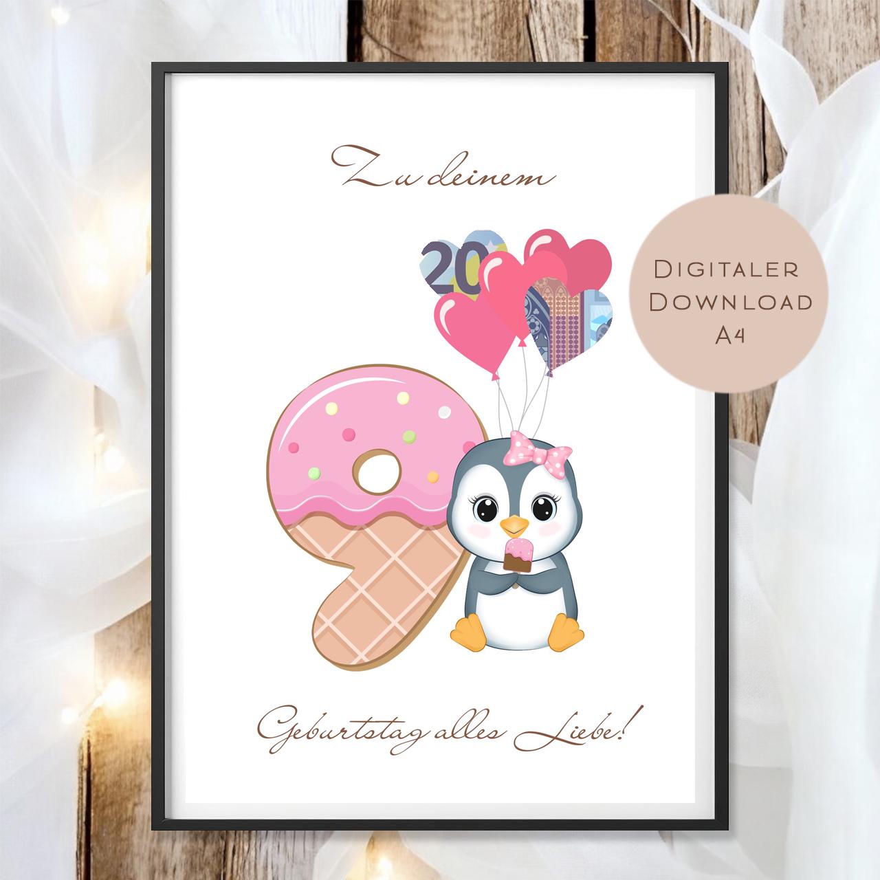 Digital Geldgeschenk 9 Geburtstag neunter Geburtstag Geld schenken Geschenk Gutschein Geburtstagsgeschenk Wunscherfüller download A4