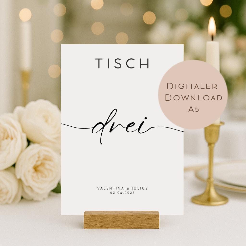 Hochzeit Tischnummern Zahlen A5 PDF l personalisiert mit Namen & Datum Sitzplan l zum Ausdrucken l digitale Tischkarten Hochzeit Namen