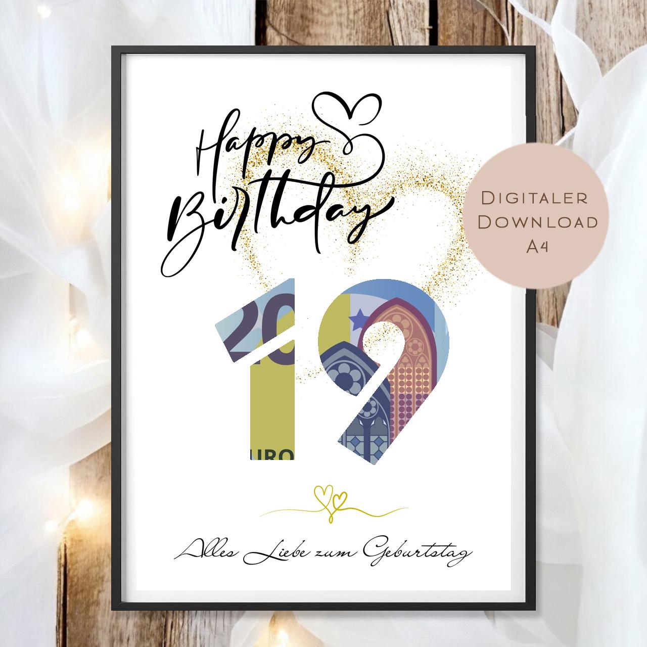 Geldgeschenk zum 19. Geburtstag Geld schenken Geschenk Gutschein Geburtstagsgeschenk Wunscherfüller zum sofort ausdrucken download PDF A4