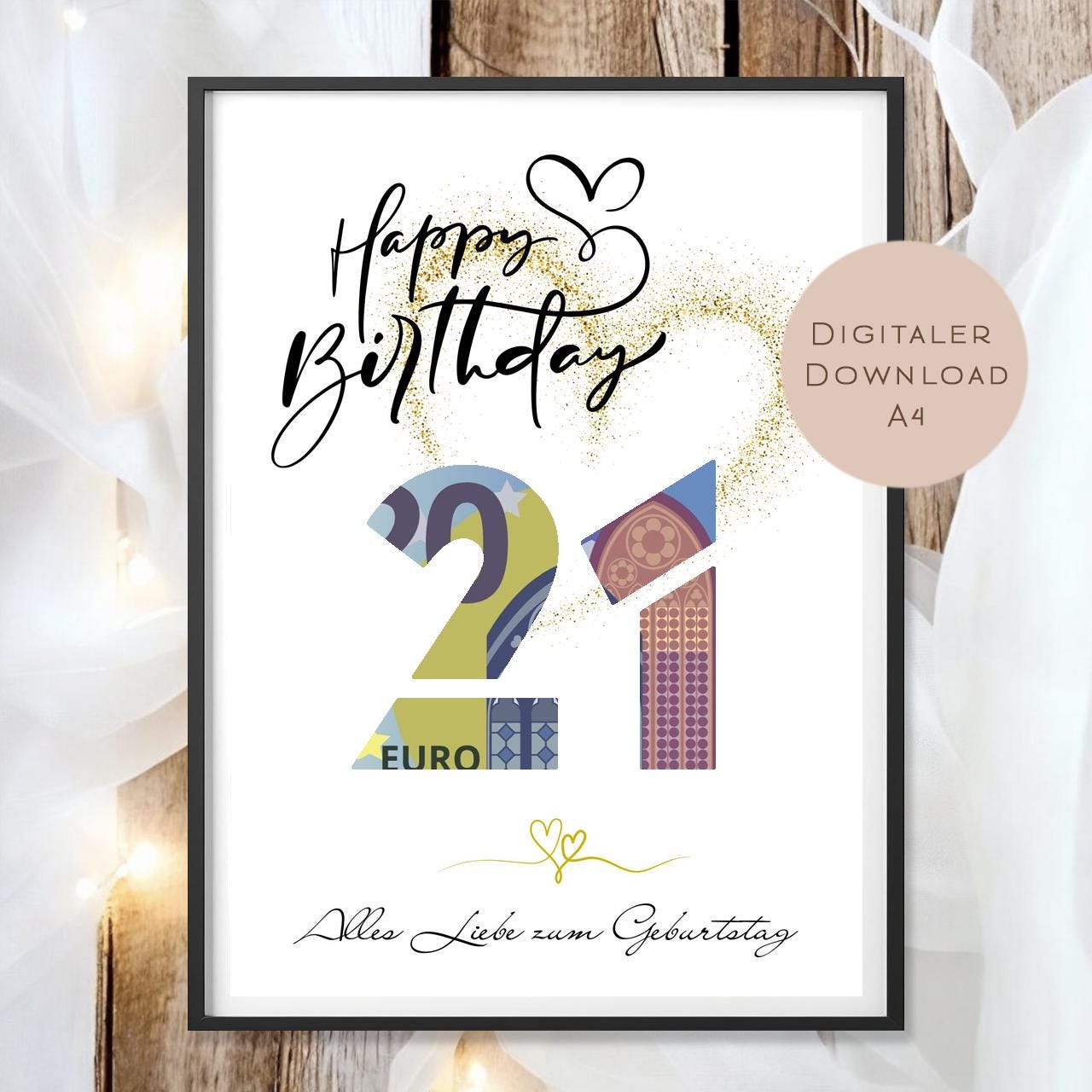 Geldgeschenk zum 21. Geburtstag Geld schenken Geschenk Gutschein Geburtstagsgeschenk Wunscherfüller zum sofort ausdrucken download PDF A4