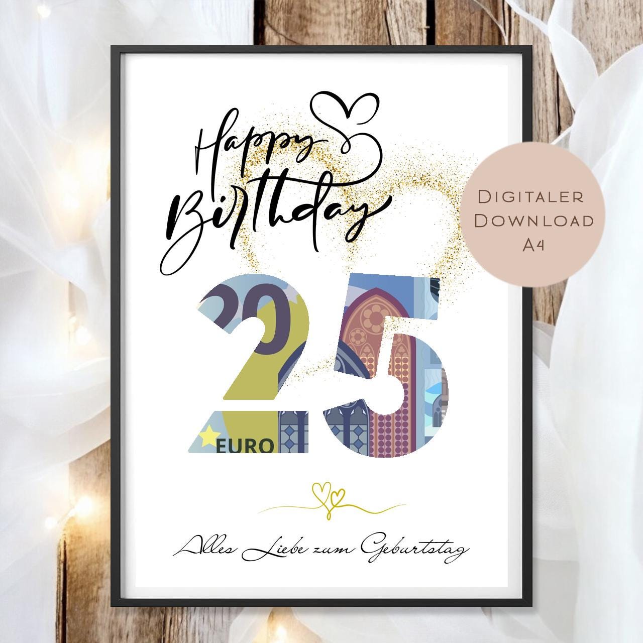 Geldgeschenk zum 25. Geburtstag Geld schenken Geschenk Gutschein Geburtstagsgeschenk Wunscherfüller zum sofort ausdrucken download PDF A4