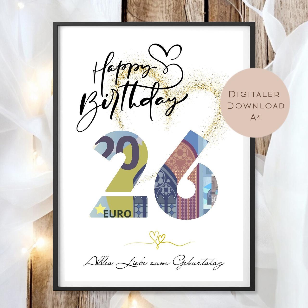 Geldgeschenk zum 26. Geburtstag Geld schenken Geschenk Gutschein Geburtstagsgeschenk Wunscherfüller zum sofort ausdrucken download PDF A4