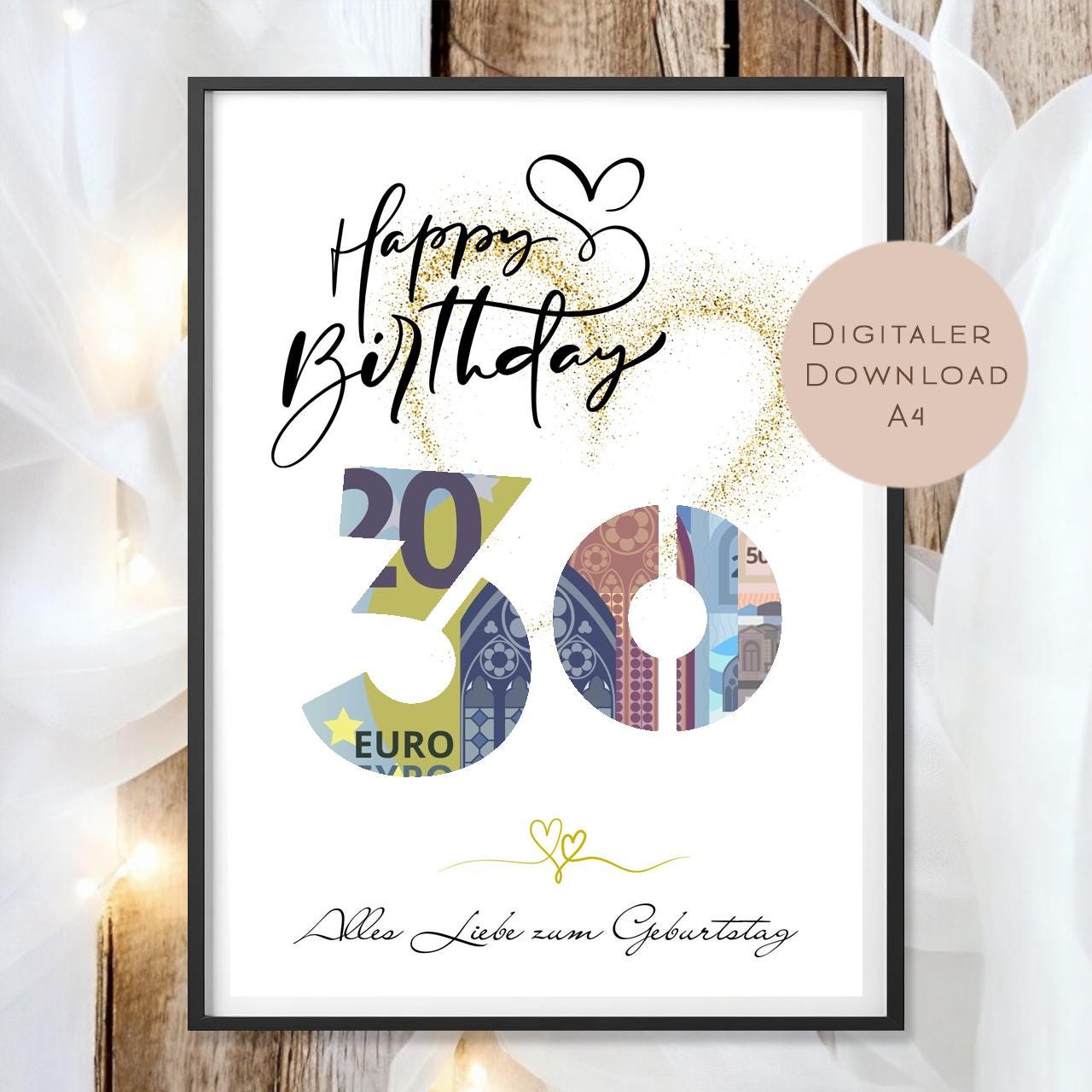Geldgeschenk zum 30. Geburtstag Geld schenken Geschenk Gutschein Geburtstagsgeschenk Wunscherfüller zum sofort ausdrucken download PDF A4