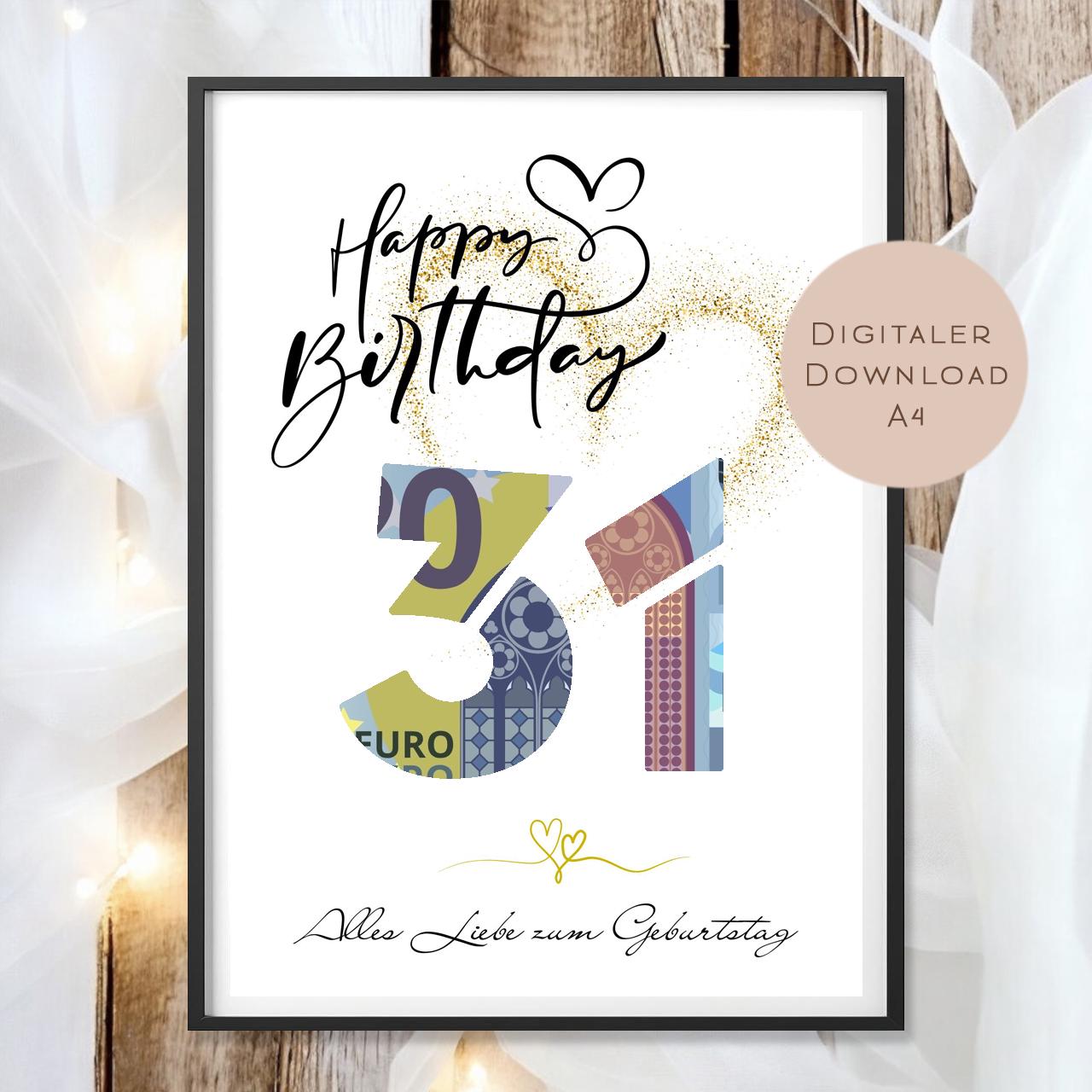 Geldgeschenk zum 31. Geburtstag Geld schenken Geschenk Gutschein Geburtstagsgeschenk Wunscherfüller zum sofort ausdrucken download PDF A4