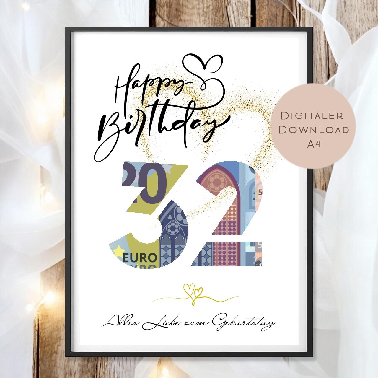 Geldgeschenk zum 32. Geburtstag Geld schenken Geschenk Gutschein Geburtstagsgeschenk Wunscherfüller zum sofort ausdrucken download PDF A4