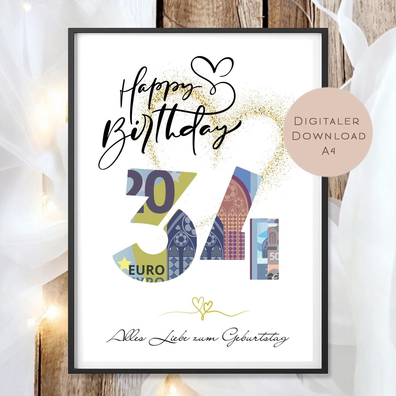 Geldgeschenk zum 34. Geburtstag Geld schenken Geschenk Gutschein Geburtstagsgeschenk Wunscherfüller zum sofort ausdrucken download PDF A4