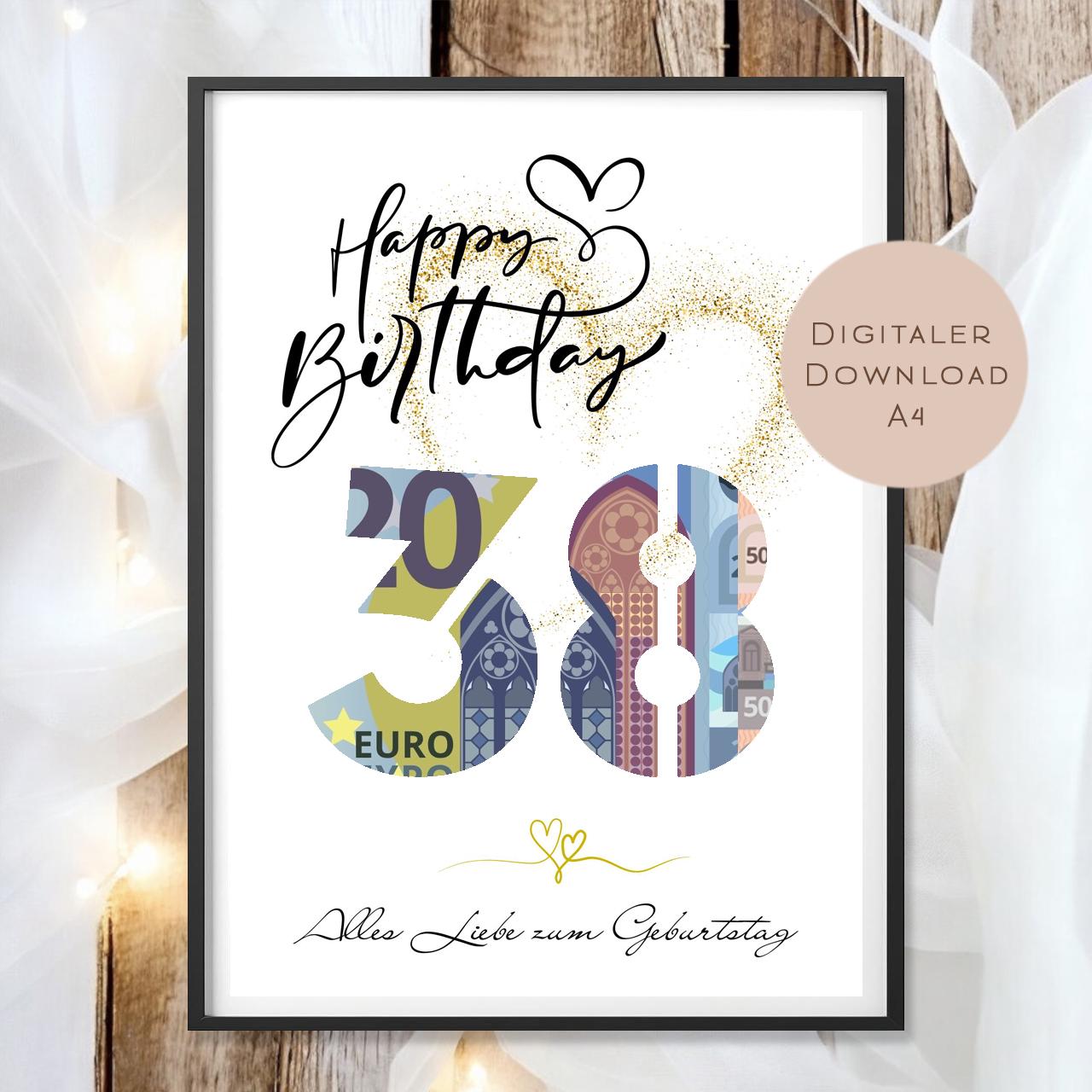 Geldgeschenk zum 38. Geburtstag Geld schenken Geschenk Gutschein Geburtstagsgeschenk Wunscherfüller zum sofort ausdrucken download PDF A4