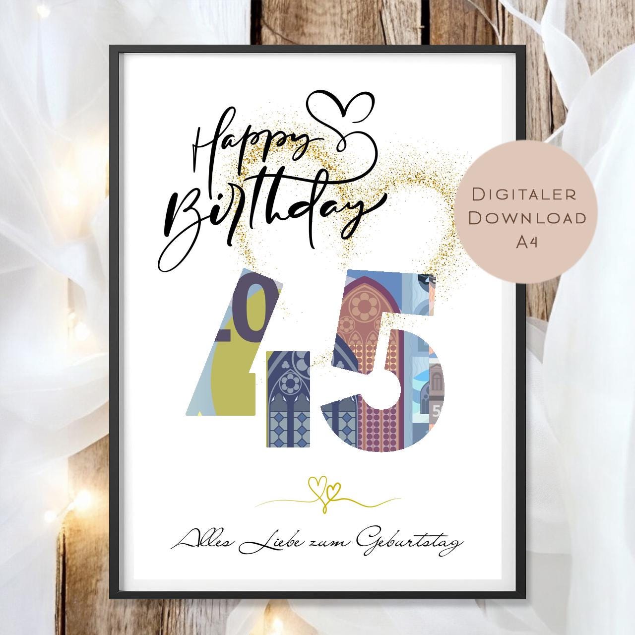 Geldgeschenk zum 45. Geburtstag Geld schenken Geschenk Gutschein Geburtstagsgeschenk Wunscherfüller zum sofort ausdrucken download PDF A4