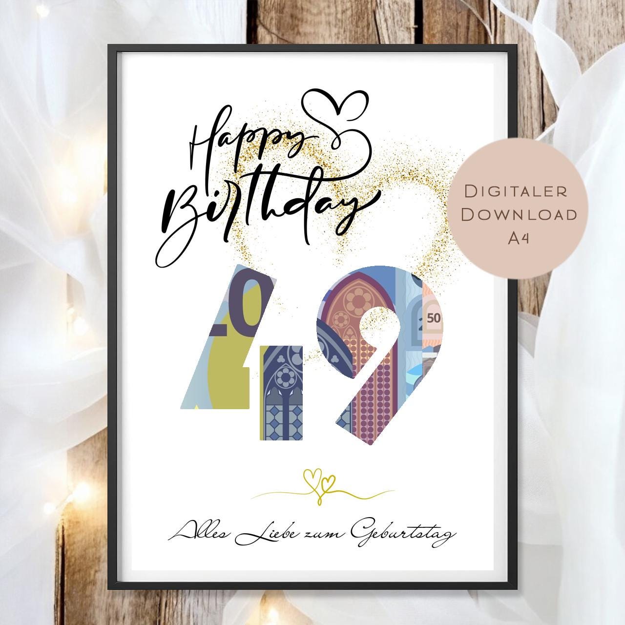 Geldgeschenk zum 49. Geburtstag Geld schenken Geschenk Gutschein Geburtstagsgeschenk Wunscherfüller zum sofort ausdrucken download PDF A4