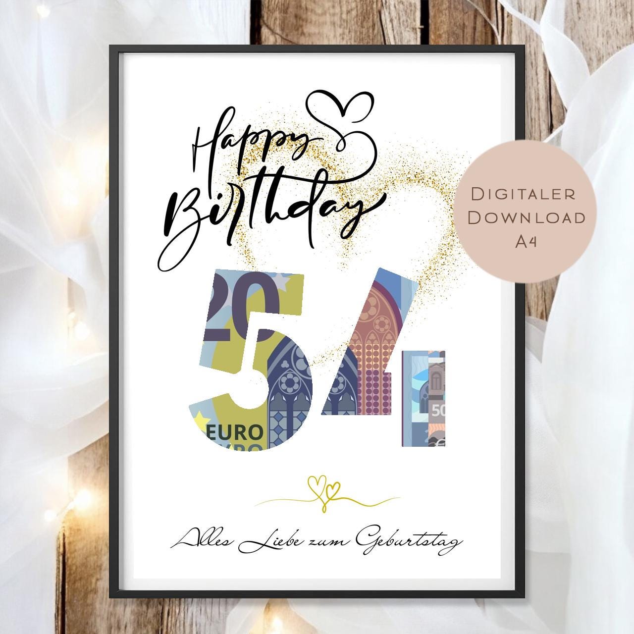Geldgeschenk zum 54. Geburtstag Geld schenken Geschenk Gutschein Geburtstagsgeschenk Wunscherfüller zum sofort ausdrucken download PDF A4