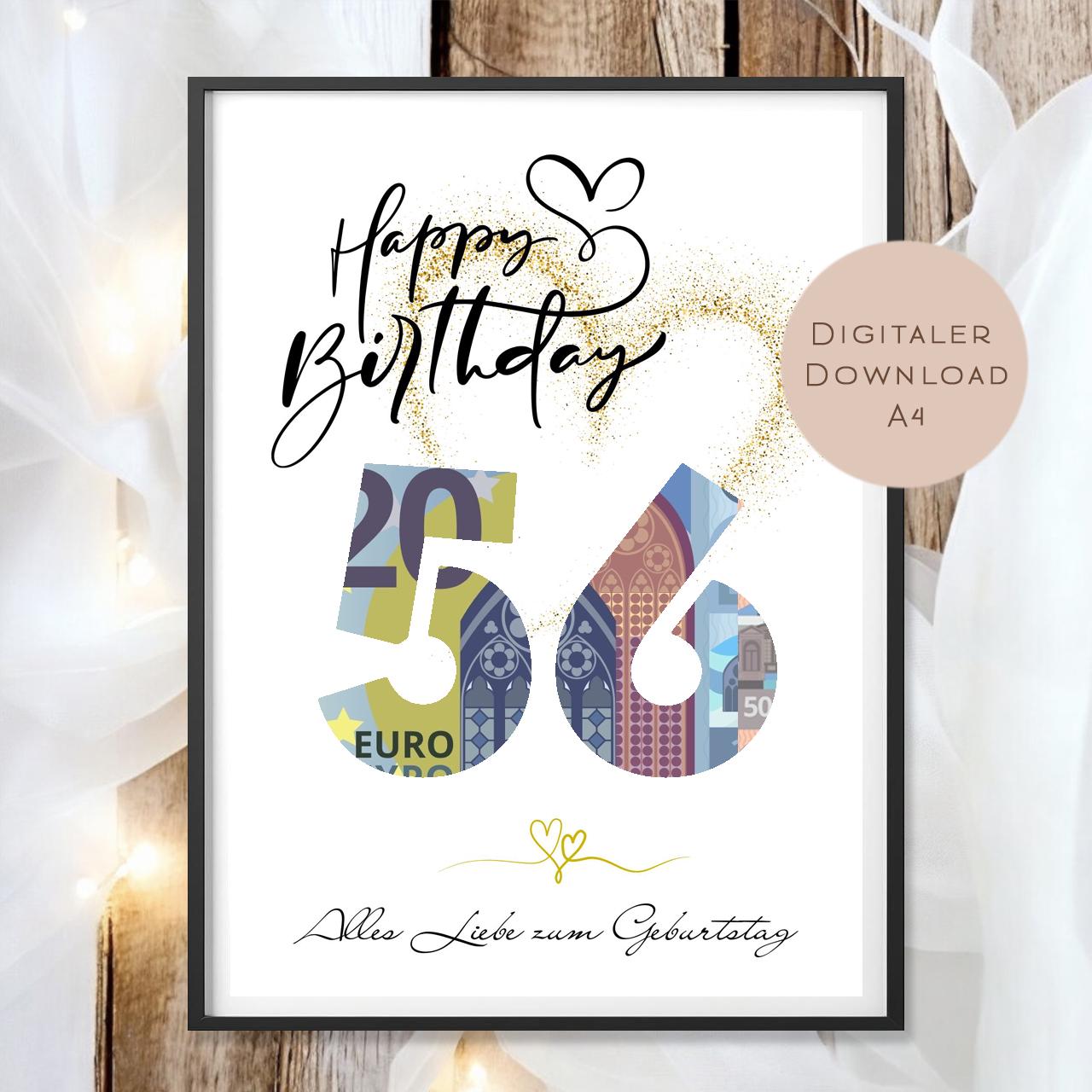 Geldgeschenk zum 56. Geburtstag Geld schenken Geschenk Gutschein Geburtstagsgeschenk Wunscherfüller zum sofort ausdrucken download PDF A4