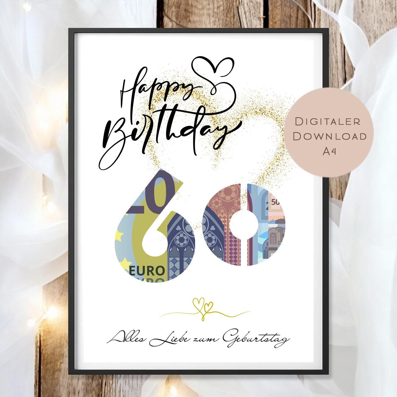 Geldgeschenk zum 60. Geburtstag Geld schenken Geschenk Gutschein Geburtstagsgeschenk Wunscherfüller zum sofort ausdrucken download PDF A4