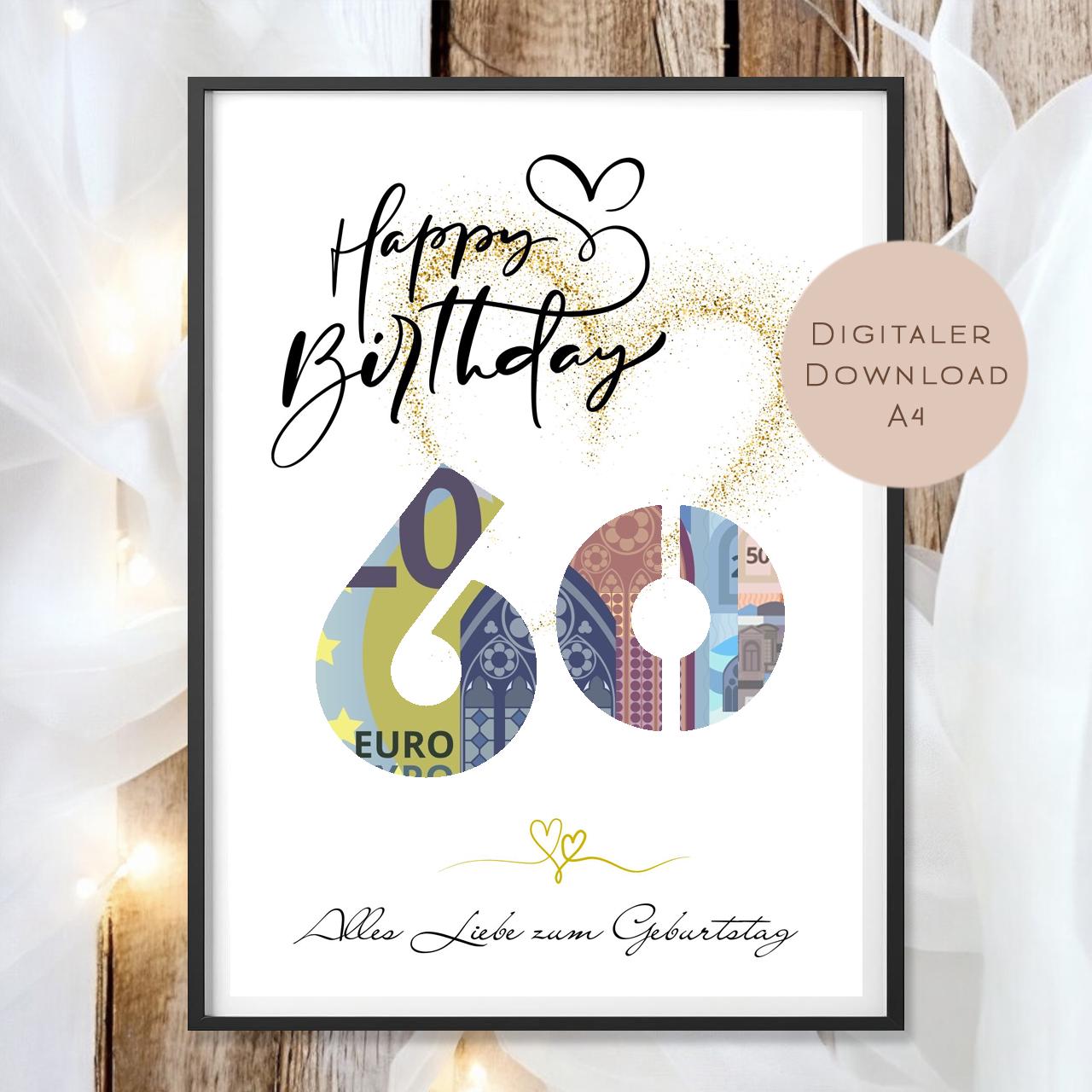 Geldgeschenk zum 60. Geburtstag Geld schenken Geschenk Gutschein Geburtstagsgeschenk Wunscherfüller zum sofort ausdrucken download PDF A4