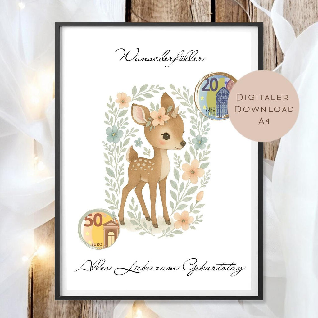 Geldgeschenk Reh I Gutschein zum Geburtstag I Geschenkidee Reh Ausdrucken I Geburtstag Geld schenken I Geburtstagsgeschenk PDF A4 Digital