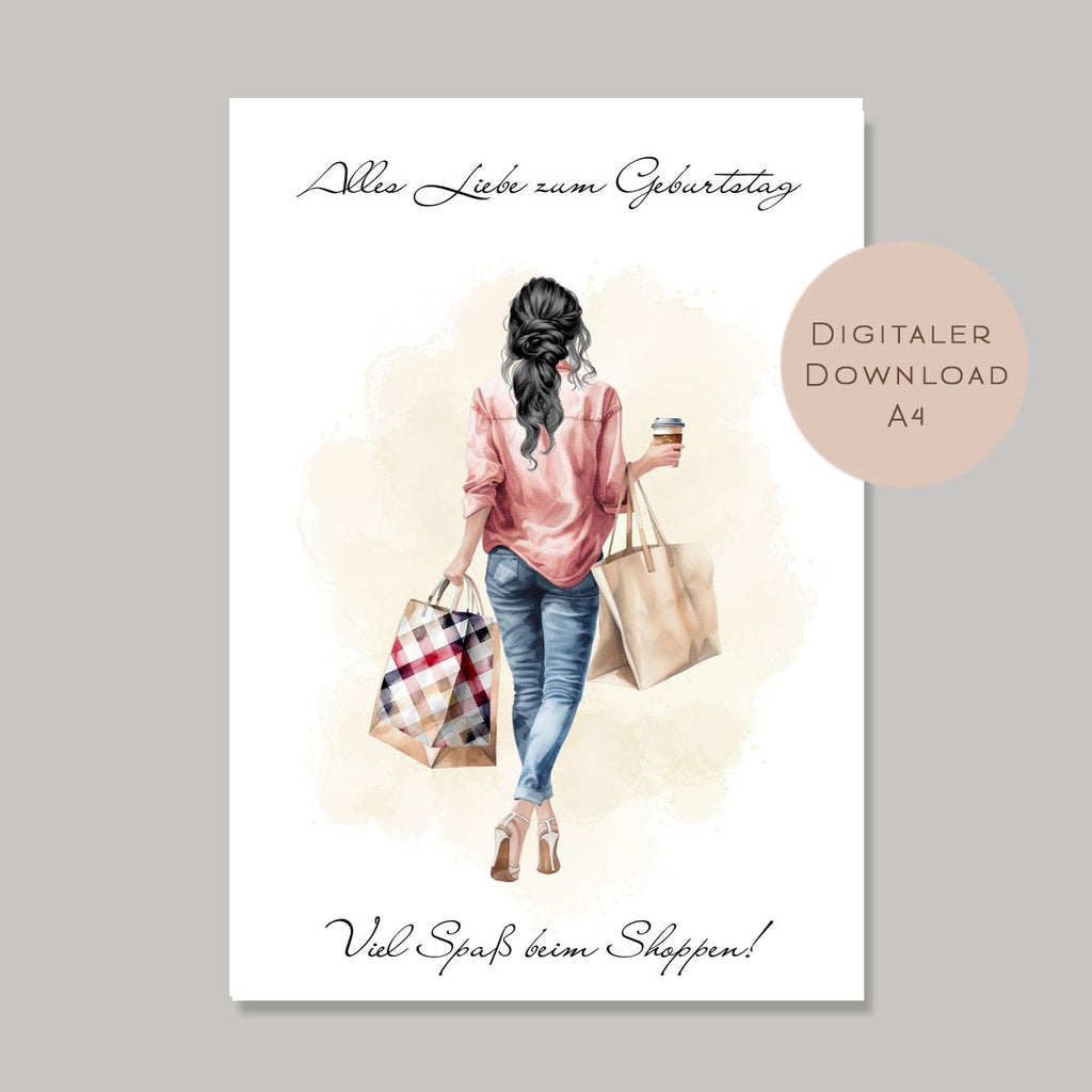 Geldgeschenk zum Shoppen I Gutschein für Kleidung & Mode I Geschenkidee für Frauen zum Ausdrucken I Shopping Girl Schwarz I PDF A4 Download