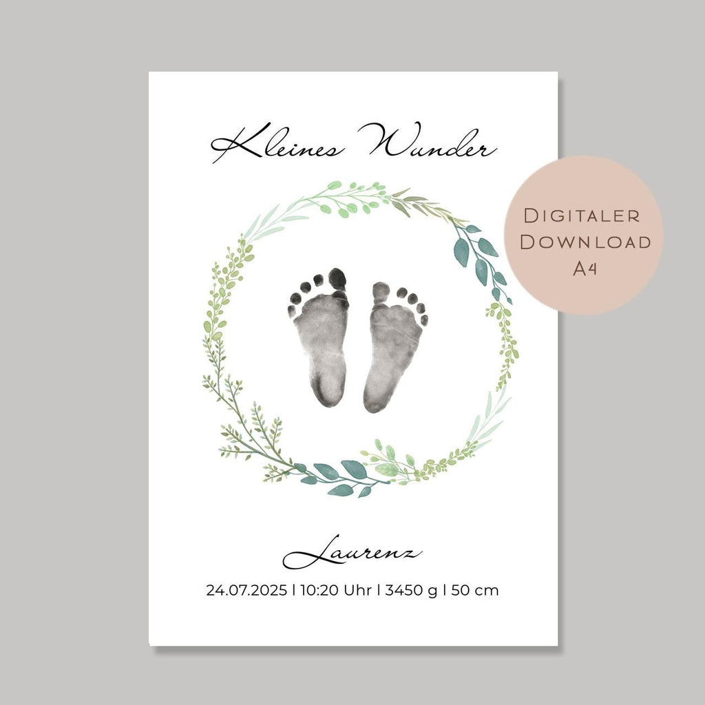 Geburtsgeschenk Baby Geburt Geschenk l Fußabdruck zur Taufe Geburt l personalisiert mit Name & Geburtsdaten l Wanddeko digital PDF A4