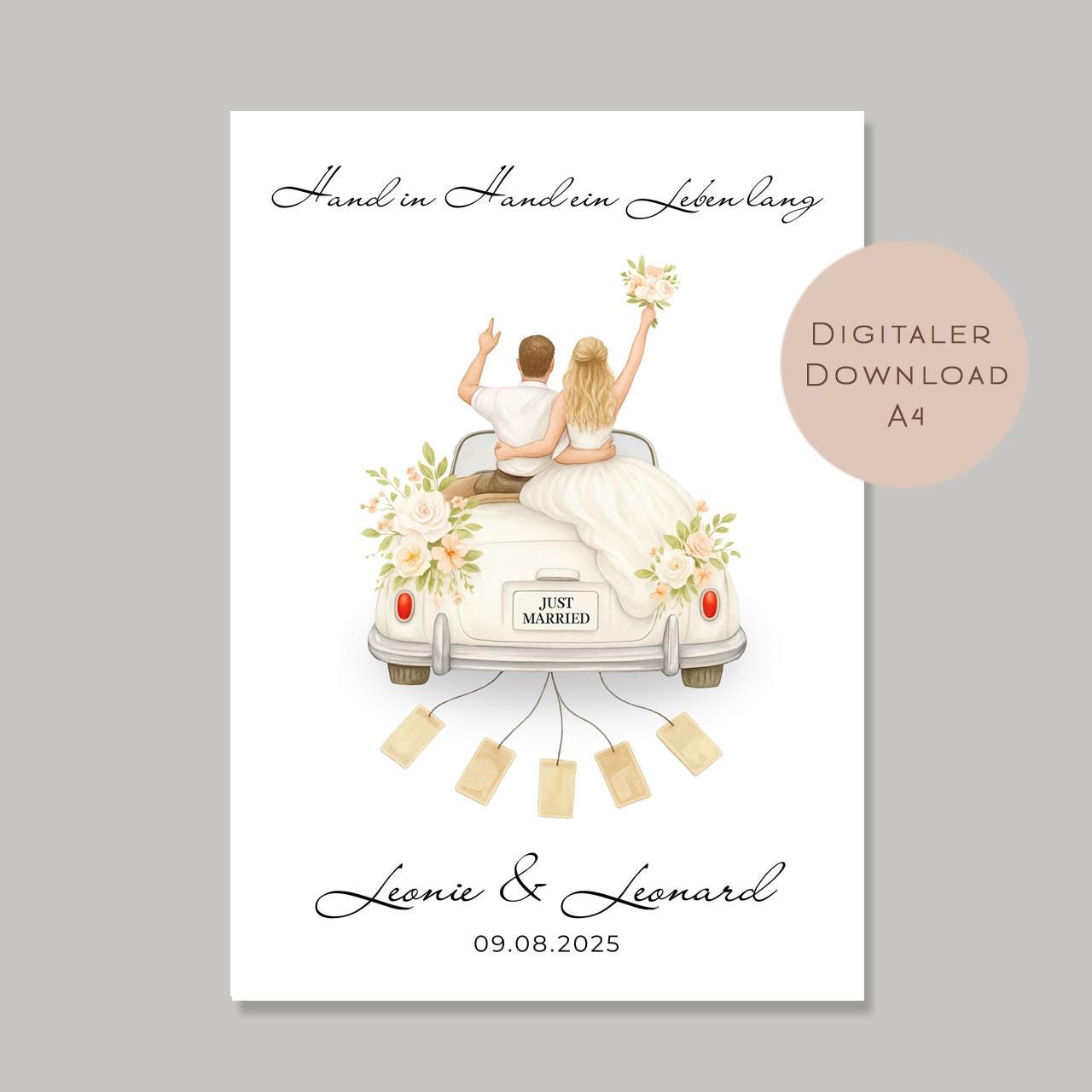 Hochzeitsgeschenk personalisiert mit Name & Datum I Brautpaar im Cabrio I Geldgeschenk Hochzeit I Vintage Auto PDF I Digital zum Ausdrucken