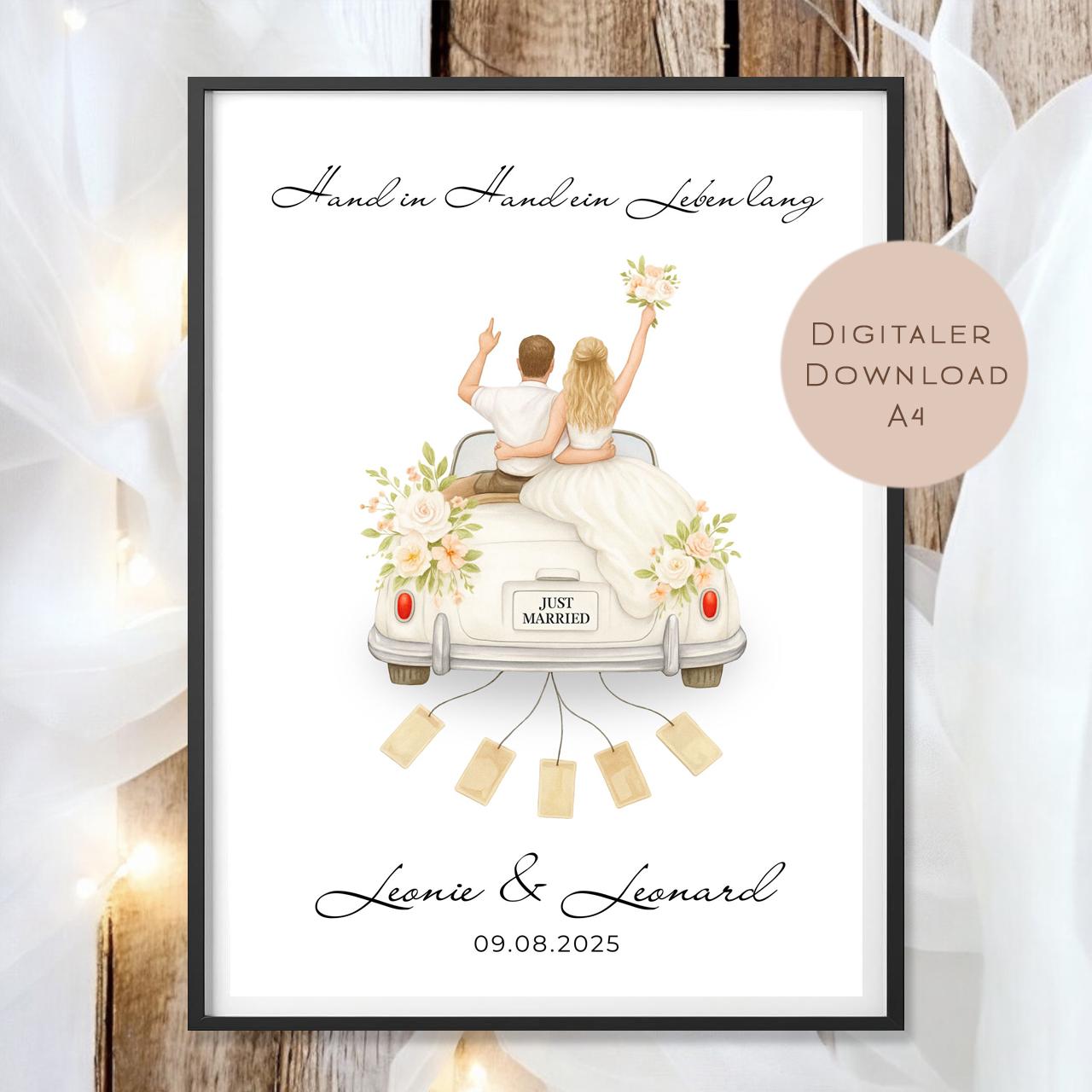 Hochzeitsgeschenk personalisiert mit Name & Datum I Brautpaar im Cabrio I Geldgeschenk Hochzeit I Vintage Auto PDF I Digital zum Ausdrucken