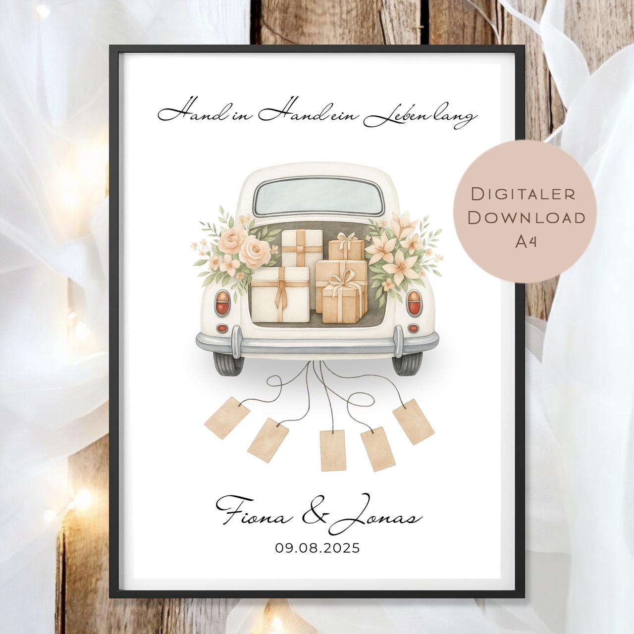 Hochzeitsgeschenk personalisiert mit Name & Datum I Geschenk für Brautpaar I Geldgeschenk Hochzeit I Vintage Auto PDF I Digital Ausdrucken