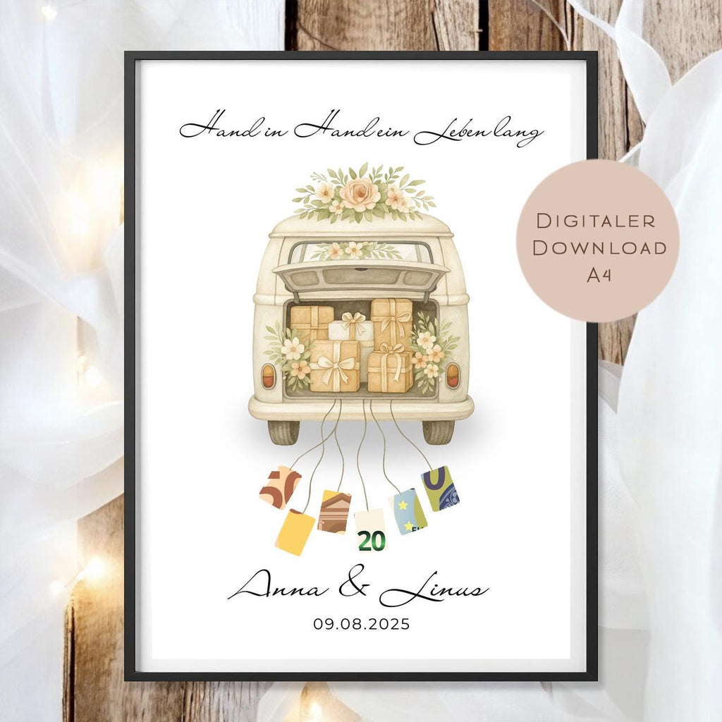 Hochzeitsgeschenk personalisiert mit Name & Datum I Geschenk für Brautpaar I Geldgeschenk Hochzeit I Bus Camper Auto PDF Digital Ausdrucken