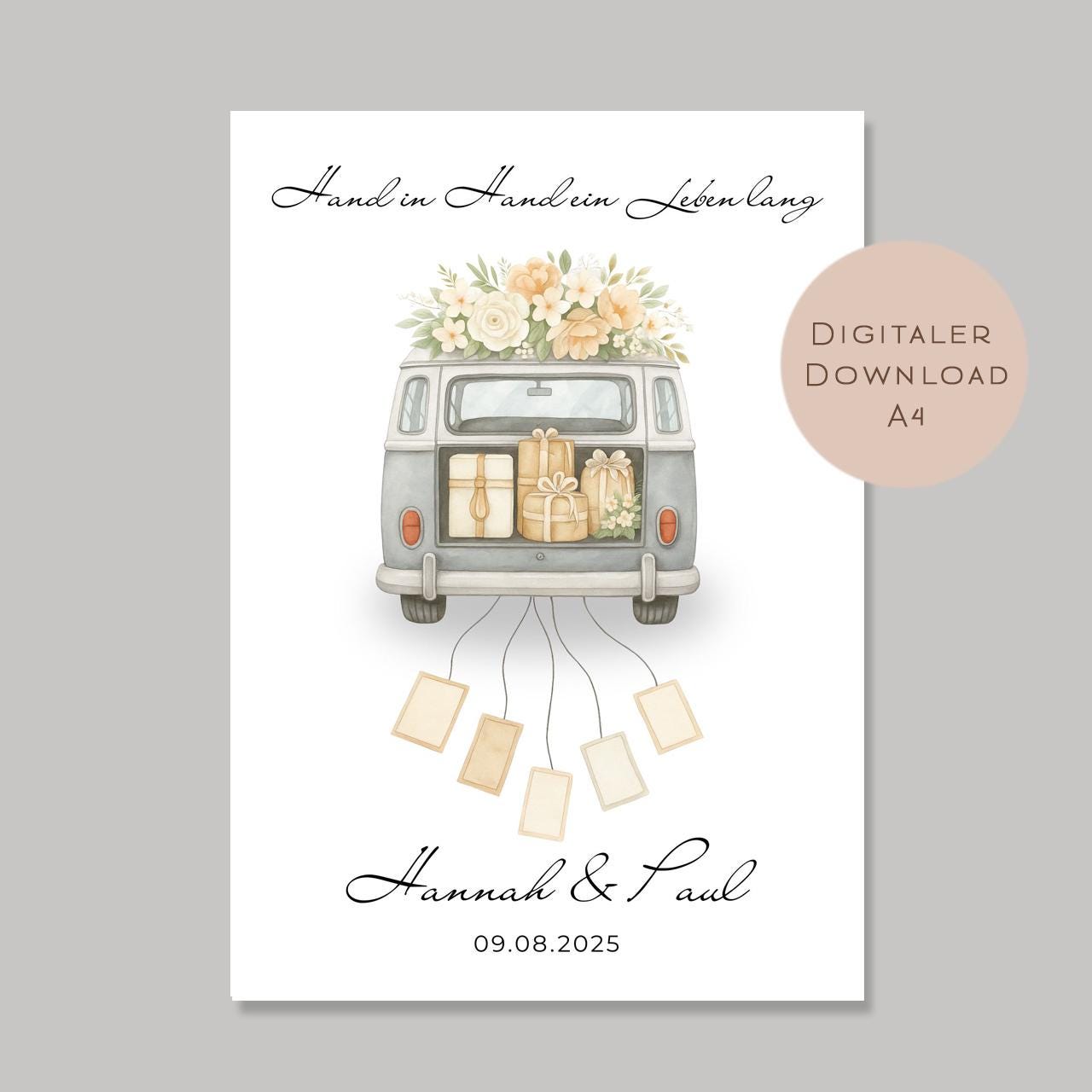 Hochzeitsgeschenk personalisiert mit Name & Datum I Geschenk für Brautpaar I Geldgeschenk Hochzeit I Bus Camper Auto PDF Digital Ausdrucken