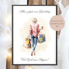 Geldgeschenk zum Shoppen I Gutschein für Kleidung & Mode I Geschenkidee für Frauen zum Ausdrucken I Shopping Girl Blond I PDF A4 Download