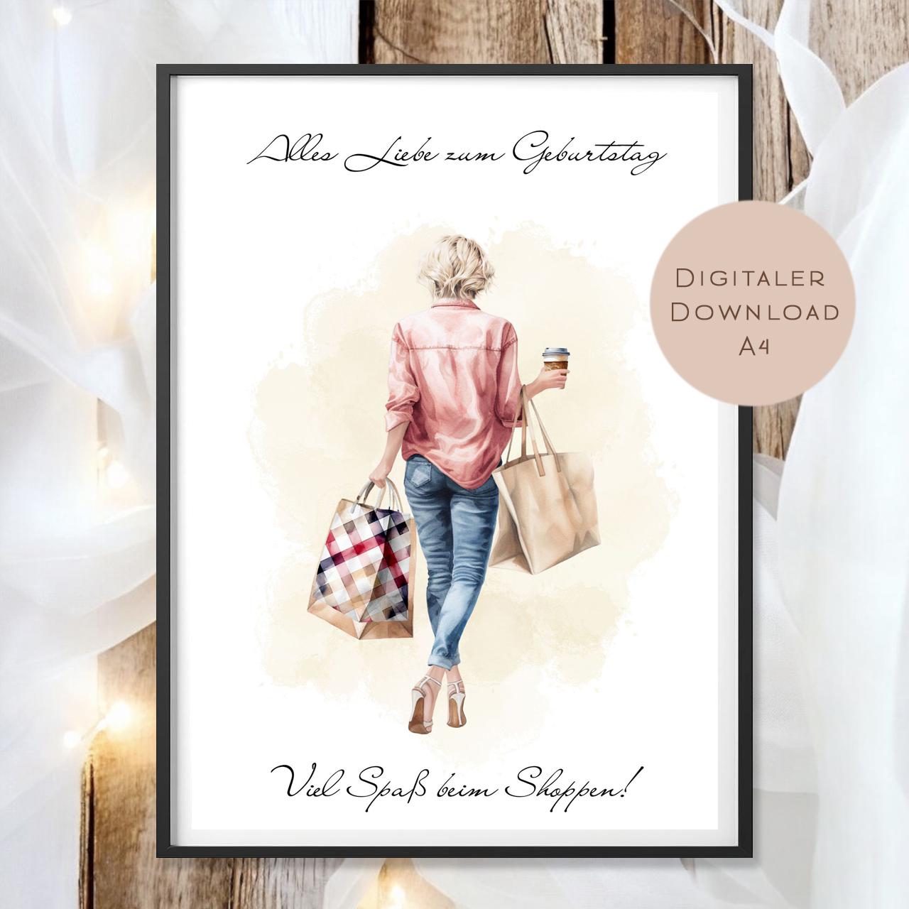 Geldgeschenk zum Shoppen I Gutschein für Kleidung & Mode I Geschenkidee für Frauen zum Ausdrucken I Shopping Girl Blond I PDF A4 Download