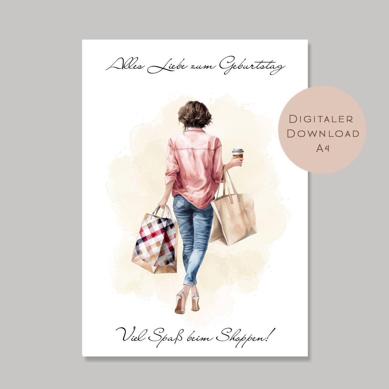 Geldgeschenk zum Shoppen I Gutschein für Kleidung & Mode I Geschenkidee für Frauen zum Ausdrucken I Shopping Girl braun I PDF A4 Download