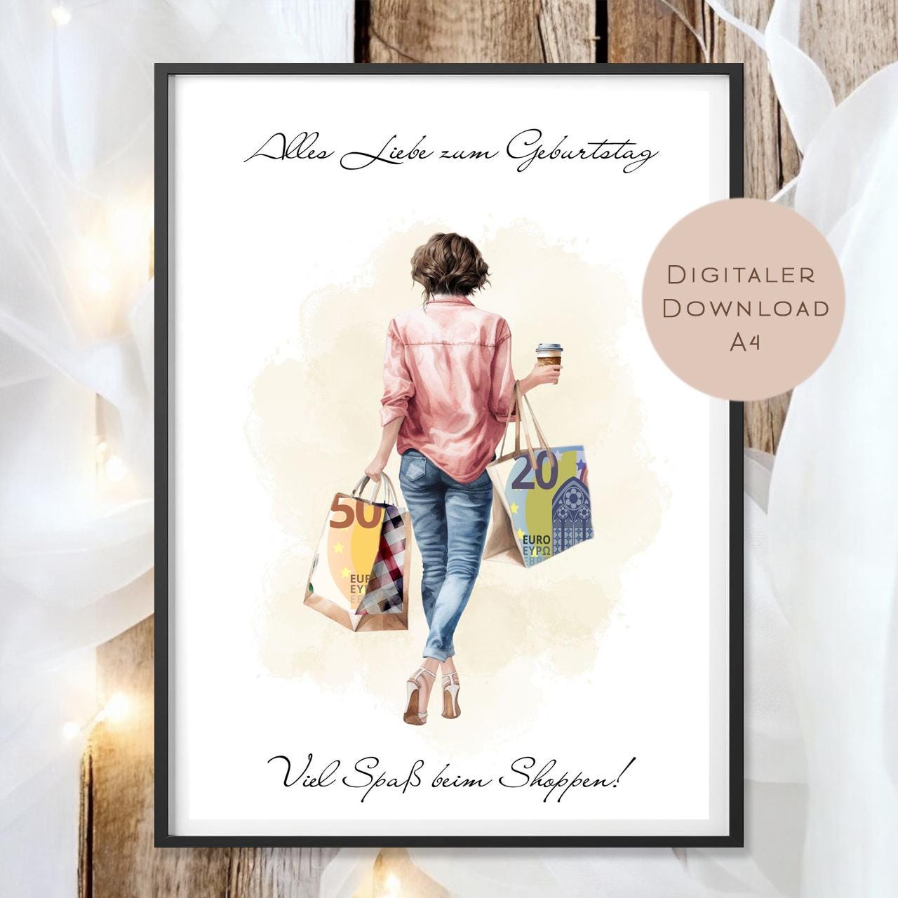 Geldgeschenk zum Shoppen I Gutschein für Kleidung & Mode I Geschenkidee für Frauen zum Ausdrucken I Shopping Girl braun I PDF A4 Download