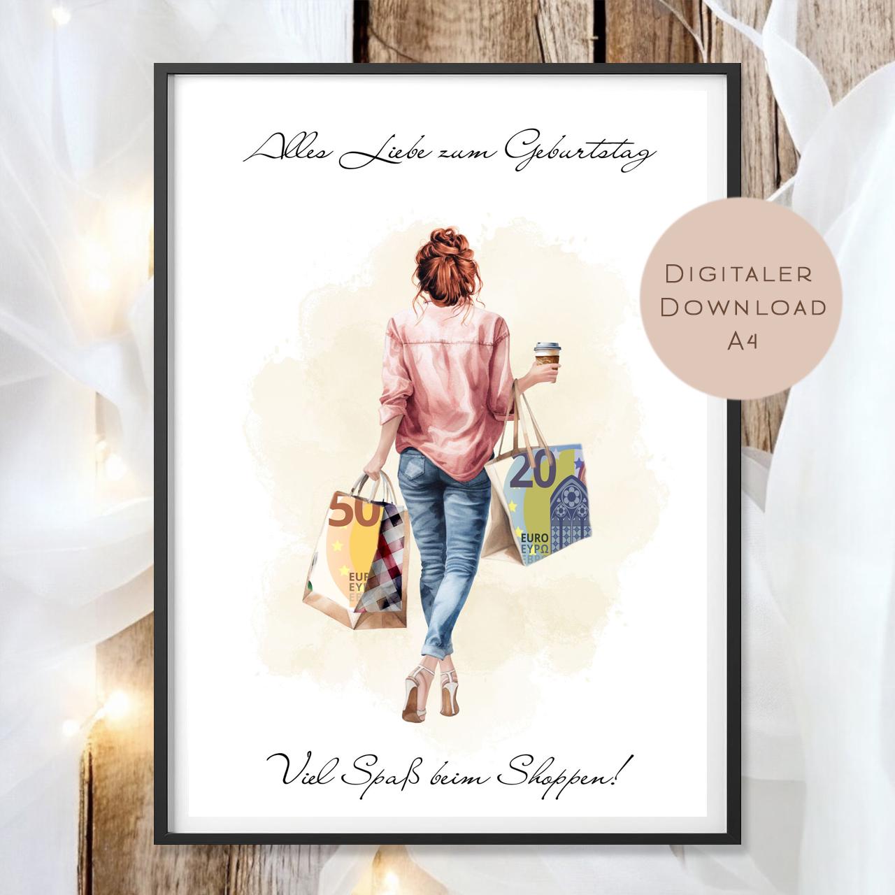 Geldgeschenk zum Shoppen I Gutschein für Kleidung & Mode I Geschenkidee für Frauen zum Ausdrucken I Shopping Girl rot I PDF A4 Download