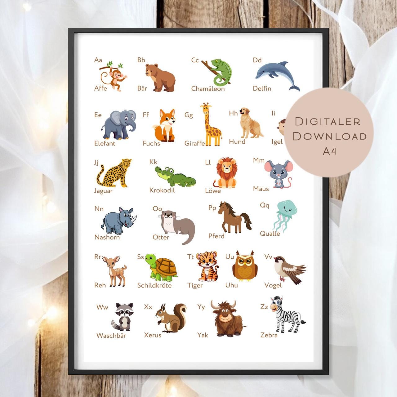 ABC Tiere Poster zum Lernen l Geschenk Einschulung Kindergarten Vorschule l PDF Download l Alphabet A bis Z  Geburtstag Deko Kinderzimmer
