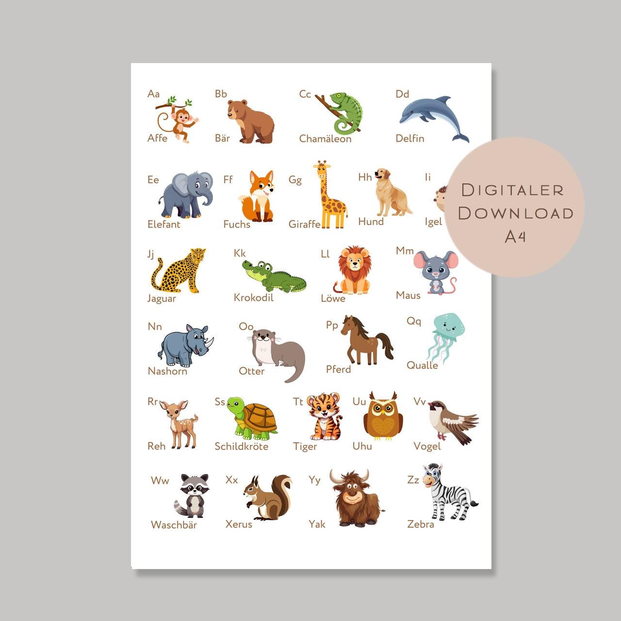 ABC Tiere Poster zum Lernen l Geschenk Einschulung Kindergarten Vorschule l PDF Download l Alphabet A bis Z  Geburtstag Deko Kinderzimmer