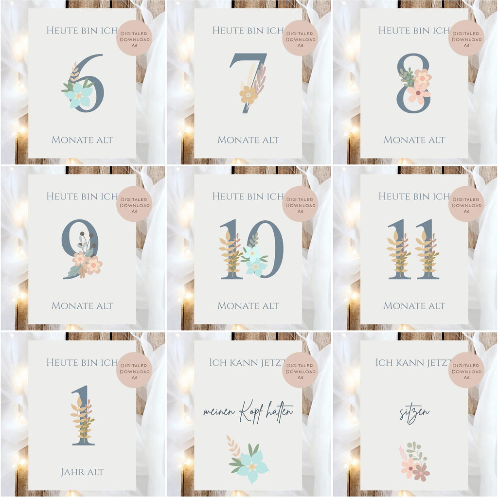 Meilensteinkarten Baby  l Geschenk zur Schwangerschaft l Geburtsgeschenk Baby l Babys erstes Jahr l Erinnerung zur Geburt PDF A6 Ausdrucken