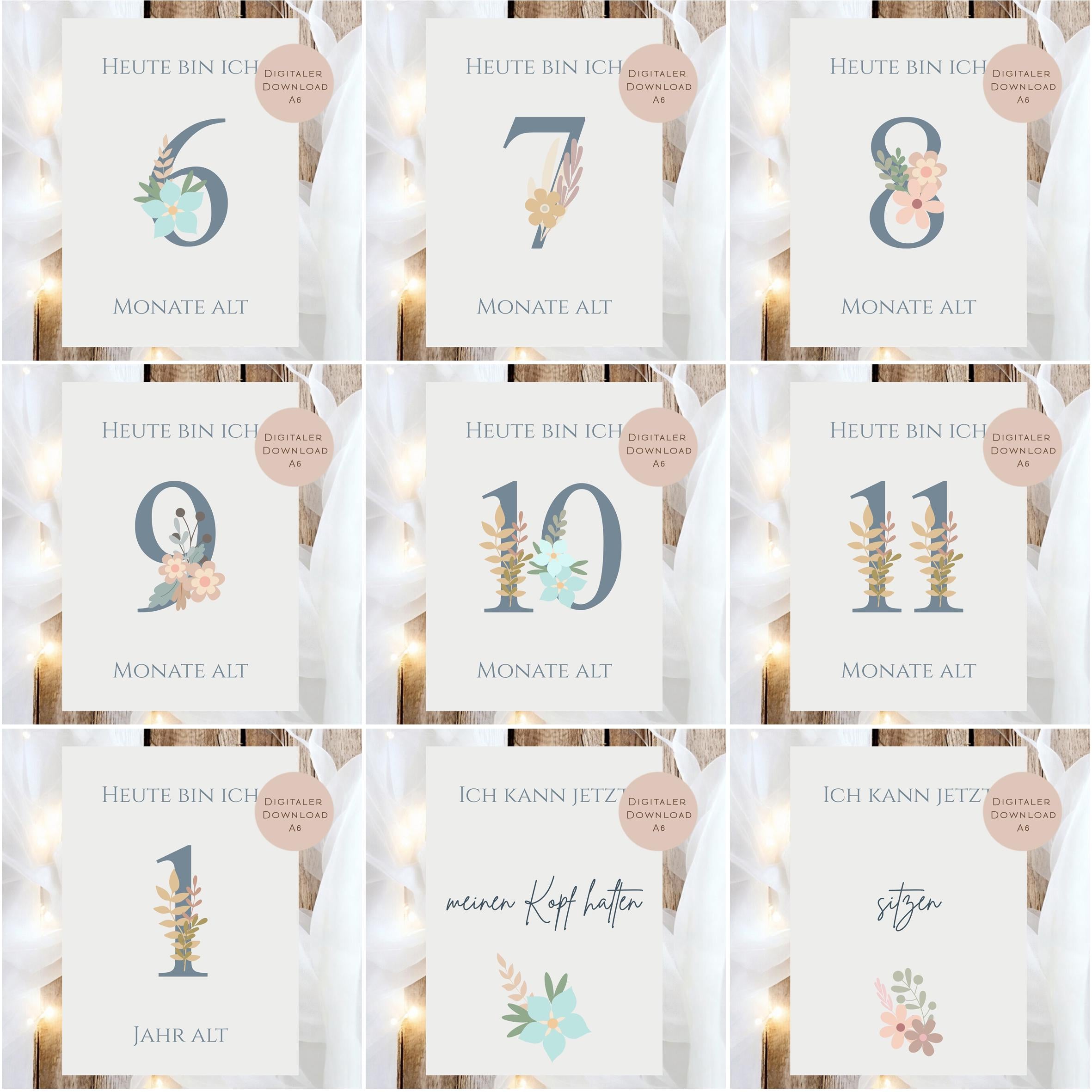 Meilensteinkarten Baby  l Geschenk zur Schwangerschaft l Geburtsgeschenk Baby l Babys erstes Jahr l Erinnerung zur Geburt PDF A6 Ausdrucken