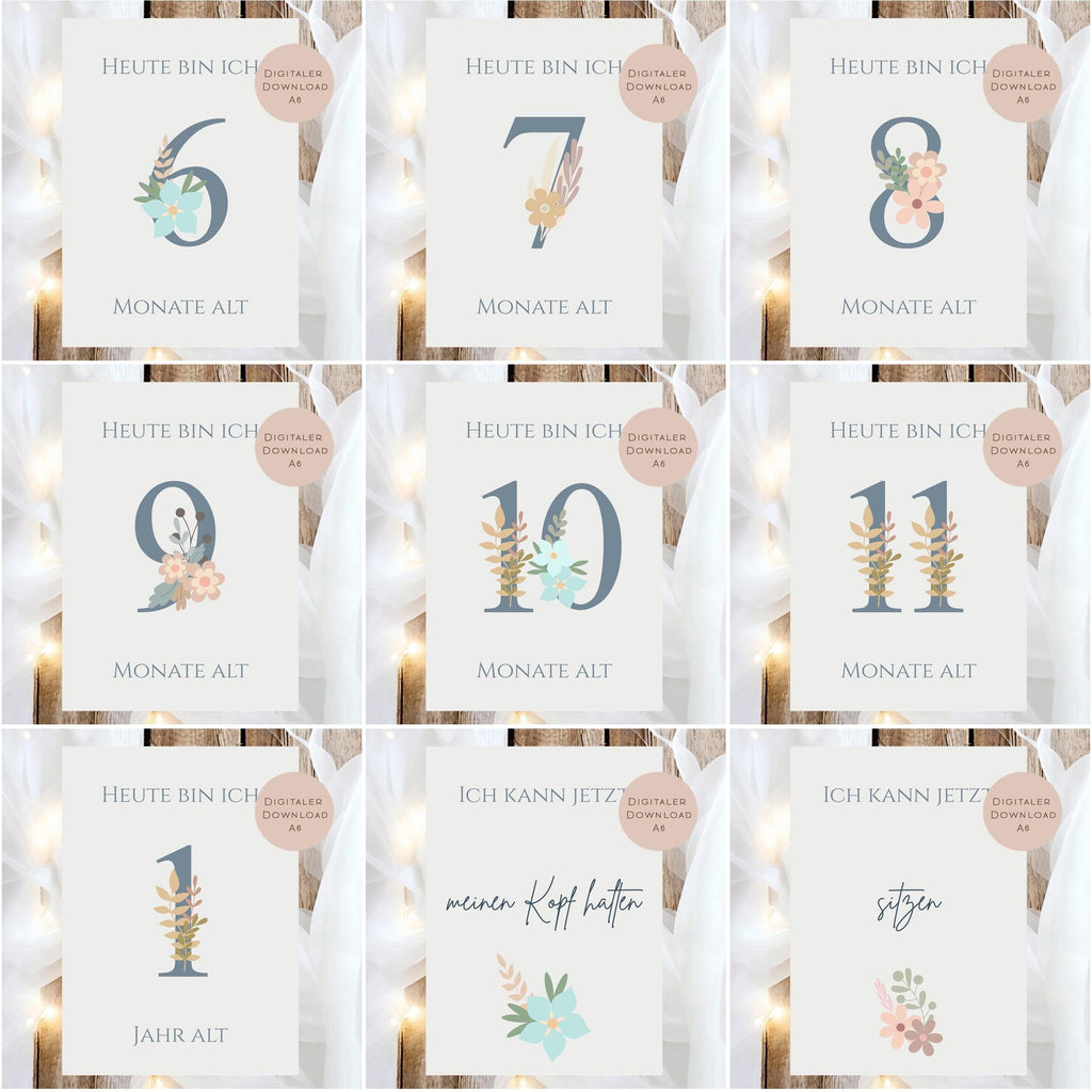 Meilensteinkarten Baby  l Geschenk zur Schwangerschaft l Geburtsgeschenk Baby l Babys erstes Jahr l Erinnerung zur Geburt PDF A6 Ausdrucken