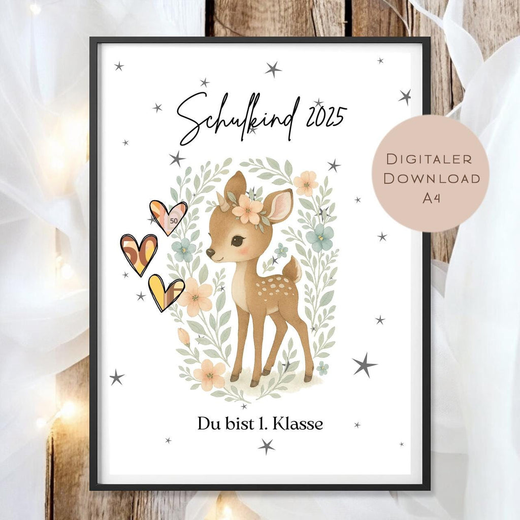 Einschulung Geschenk Download l Geldgeschenk Schulkind l Geld Schulanfang erste Klasse l Gutschein Reh l Geschenkidee Schulkind Schulstart