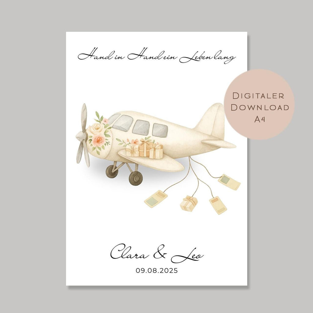 Hochzeitsgeschenk personalisiert mit Name & Datum I Geschenk für Brautpaar I Geldgeschenk Hochzeit I Flugzeug PDF Digital Ausdrucken