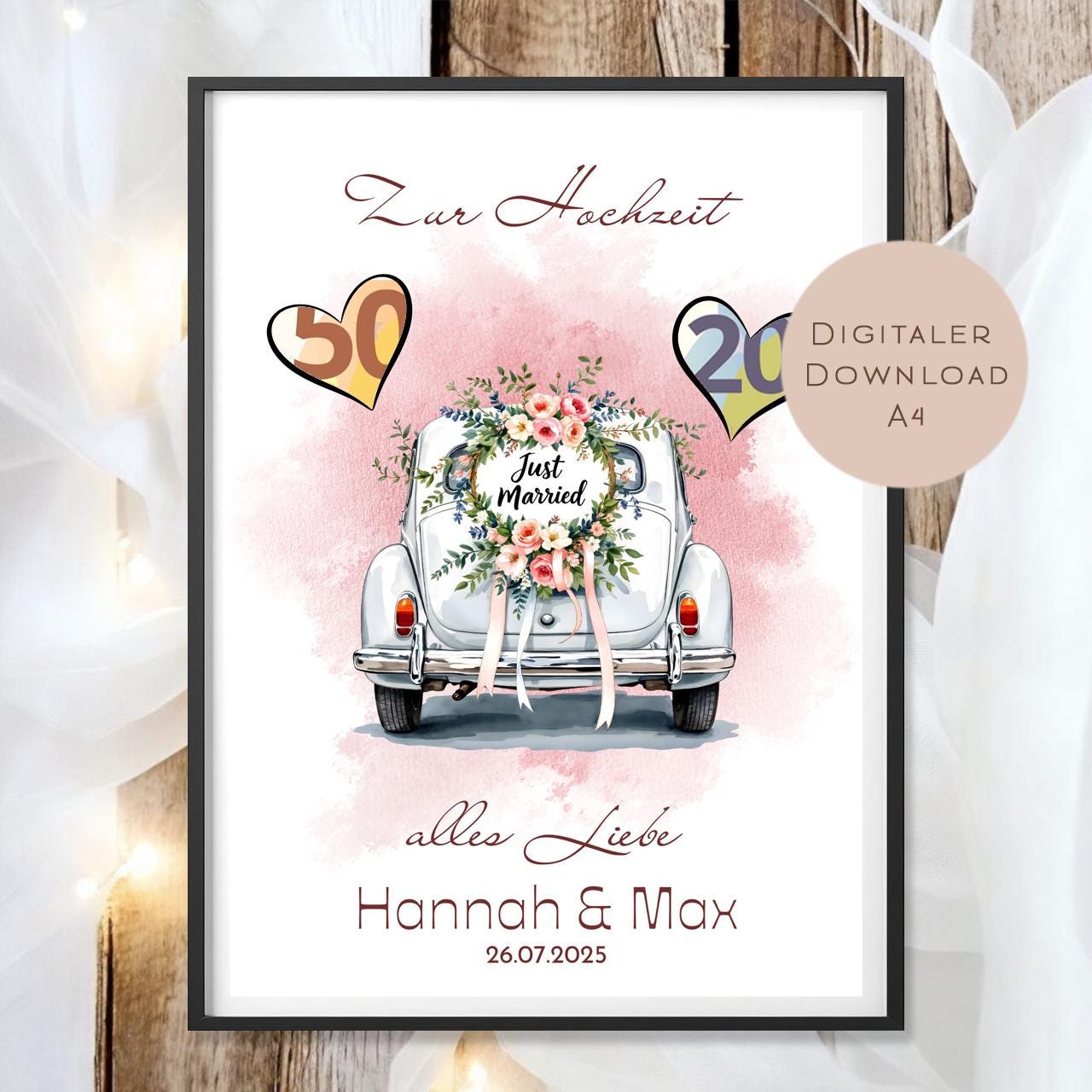 Geldgeschenk zur Hochzeit mit Name und Datum personalisiert Brautpaar Geschenk Hochzeitsgeschenk als PDF I Digital zum Ausdrucken