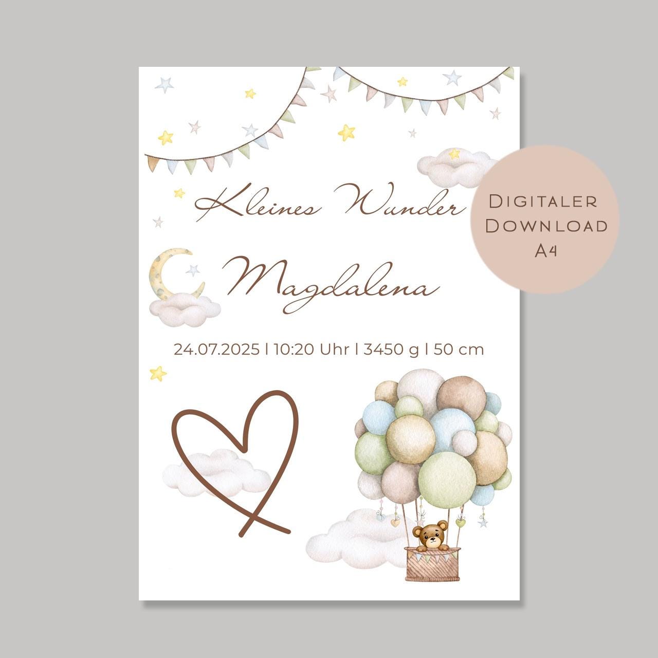 Geburtsgeschenk Baby personalisiert mit Name und Geburtsdaten l Geldgeschenk zur Geburt Taufe zum Ausdrucken l Geschenk Teddy Download PDF