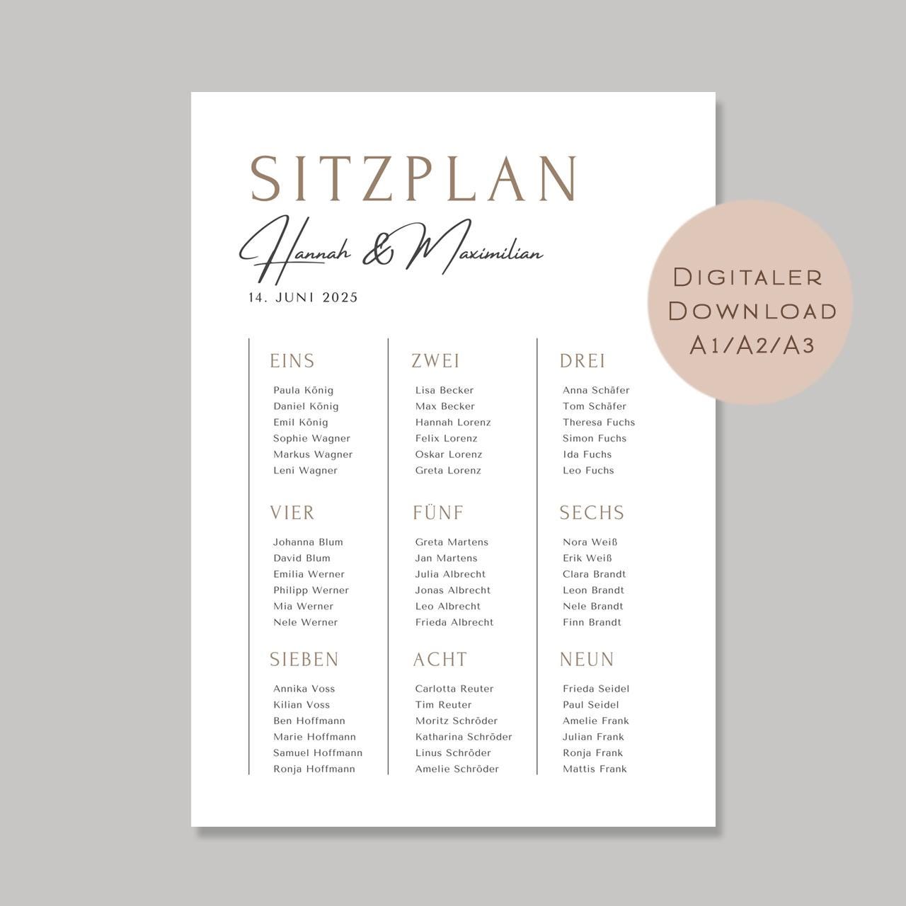 Sitzplan Hochzeit groß l Sitzordnung Schild l Willkommensschild Hochzeit l Tischordnung Schild Hochzeit I Sitzplatz Namen personalisiert PDF
