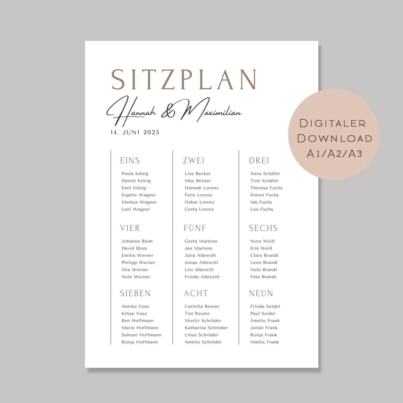 Sitzplan Hochzeit groß l Sitzordnung Schild l Willkommensschild Hochzeit l Tischordnung Schild Hochzeit I Sitzplatz Namen personalisiert PDF