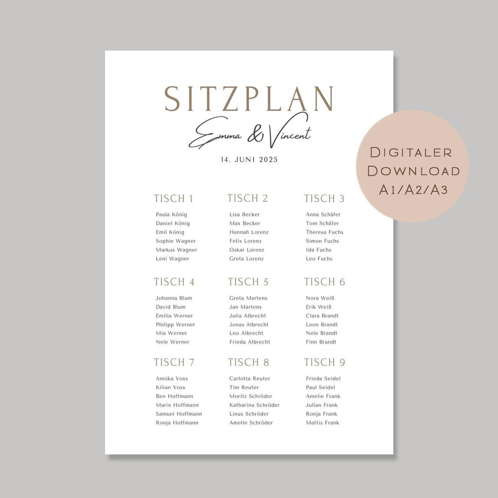 Sitzplan Hochzeit groß l Sitzordnung Schild l Willkommensschild Hochzeit l Tischordnung Schild Hochzeit I Sitzplatz Namen personalisiert PDF