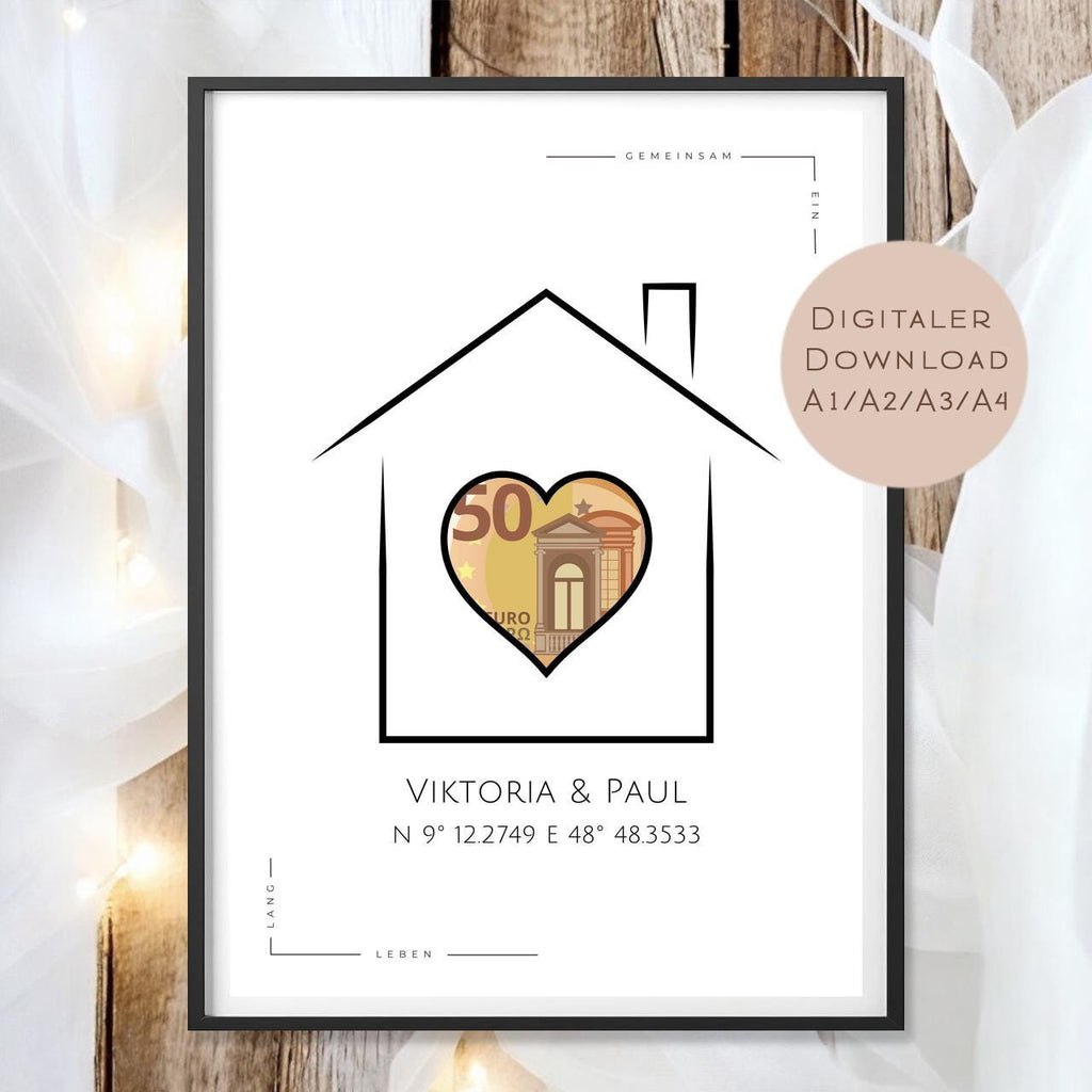 Koordinaten Bild Zuhause Hochzeit Poster l Hochzeitsgeschenk Name personalisiert l Brautpaar Hochzeit Geschenk l Richtfest Geld schenken PDF