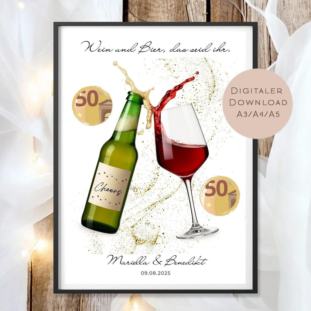 Geldgeschenk Bier & Wein I Gutschein Paare Name I Geschenk Hochzeit Ausdrucken I Geburtstag Freunde Geld schenken I Geburtstagsgeschenk PDF