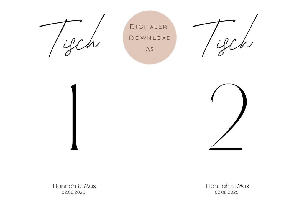 Hochzeit Tischnummern Zahlen A5 PDF l personalisiert mit Namen & Datum Sitzplan l zum Ausdrucken l digitale Tischkarten Hochzeit Namen