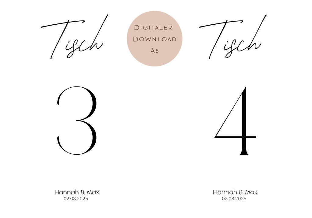 Hochzeit Tischnummern Zahlen A5 PDF l personalisiert mit Namen & Datum Sitzplan l zum Ausdrucken l digitale Tischkarten Hochzeit Namen