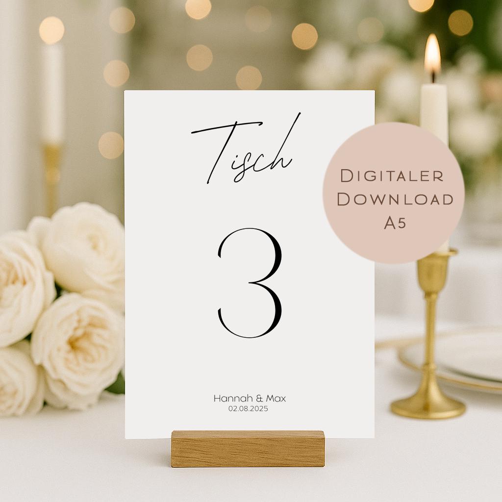 Hochzeit Tischnummern Zahlen A5 PDF l personalisiert mit Namen & Datum Sitzplan l zum Ausdrucken l digitale Tischkarten Hochzeit Namen